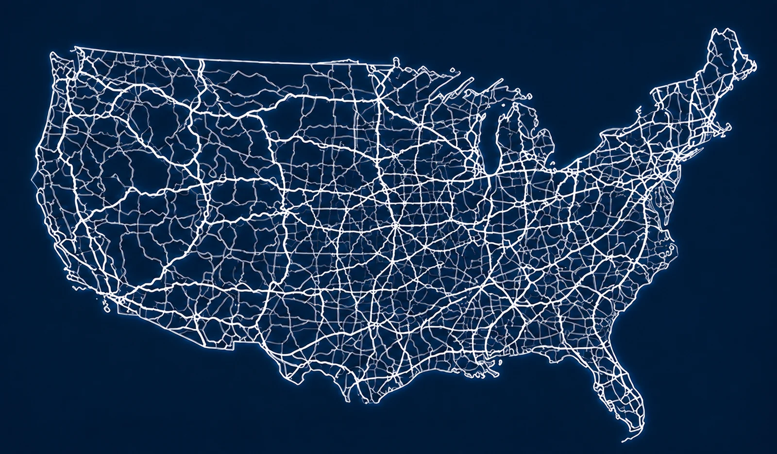 A glowing network of freight routes across the continental United States